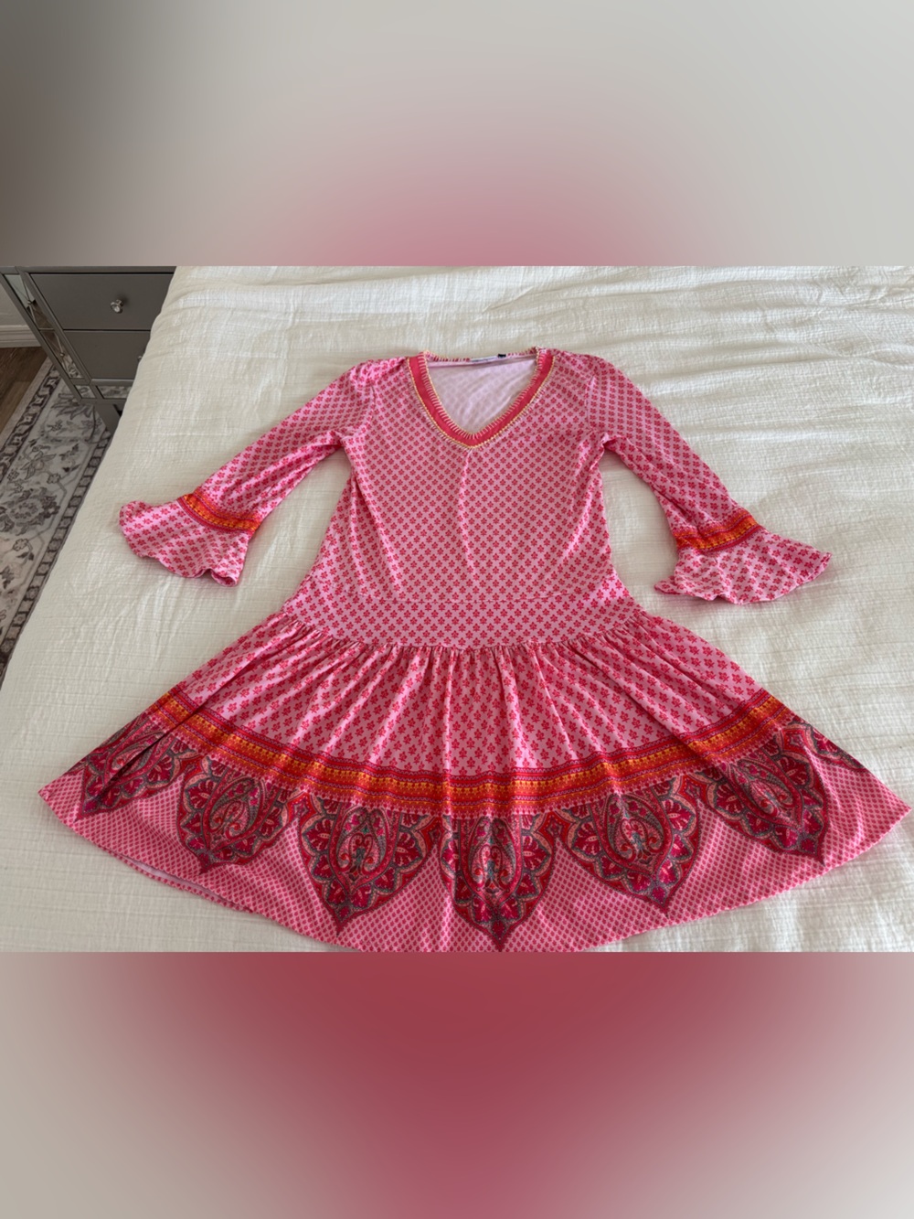 Cabana Life Pink Paisley Border Print Ruffle Sleeve Dress Size Small